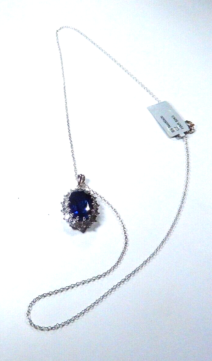 *VINTAGE* Sterling Silver 12.0 CT Lab Created Sapphire & CZ Halo Pendant w/18"Ch