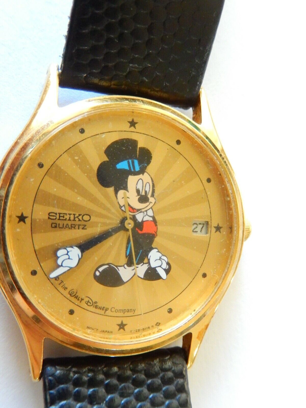 RARE SEIKO HOLLYWOOD MICKEY MOUSE 5Y228118 MENS GOLD SUNBURST 33mm WATCH