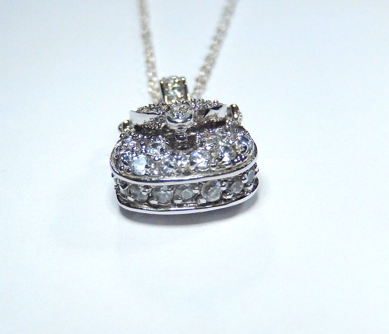 *VINTAGE* Sterling Silver & Cubic Zirconia Pave PURSE PENDANT NECKLACE 18"