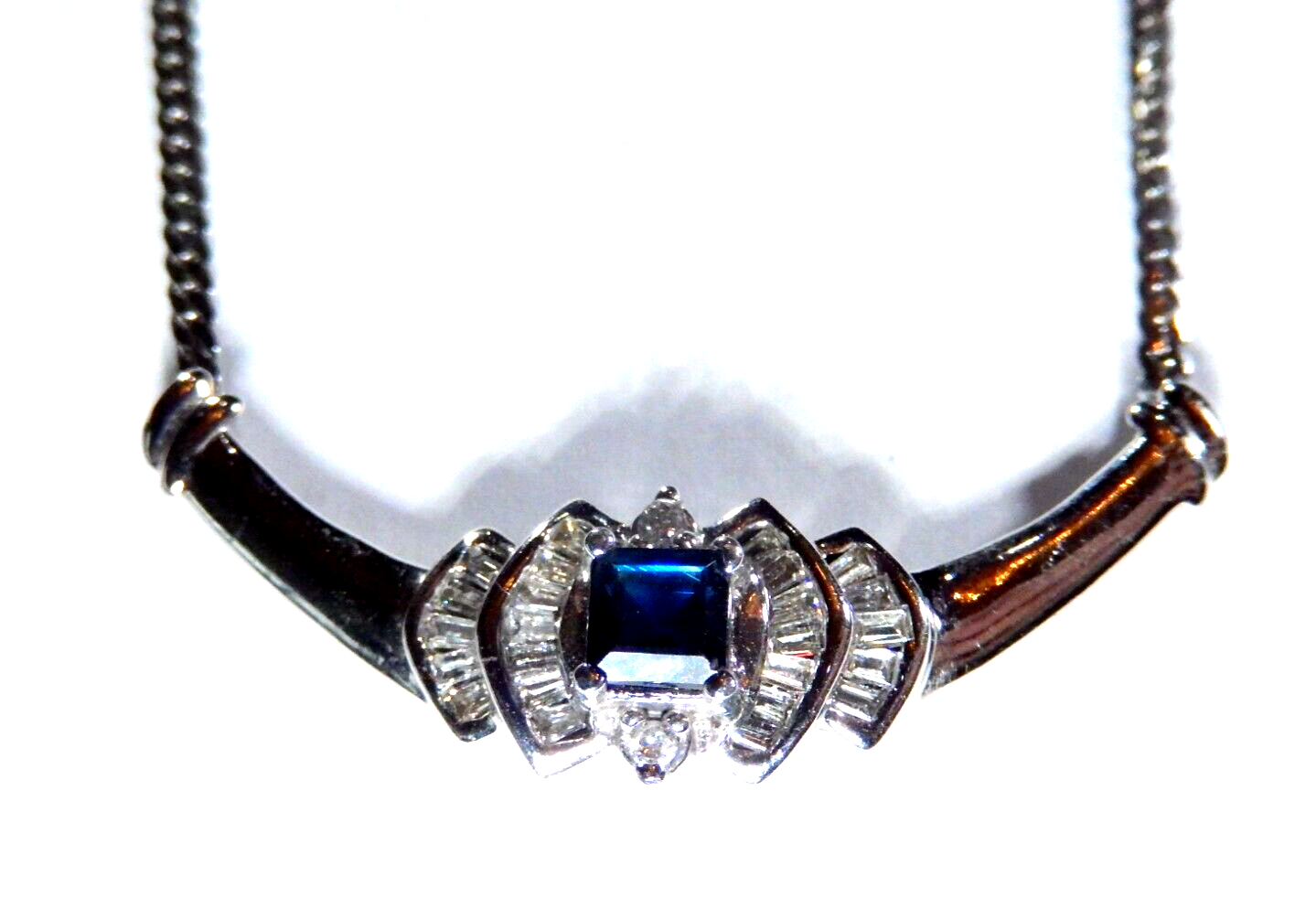 VINTAGE  14K White Gold Blue Sapphire and Diamond Halo Necklace 175