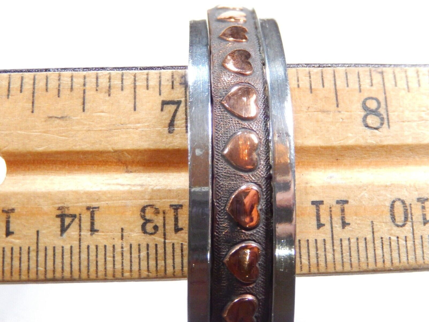 *VINTAGE* Sterling Silver & Copper Hearts 1/2” Wide Cuff Bracelet