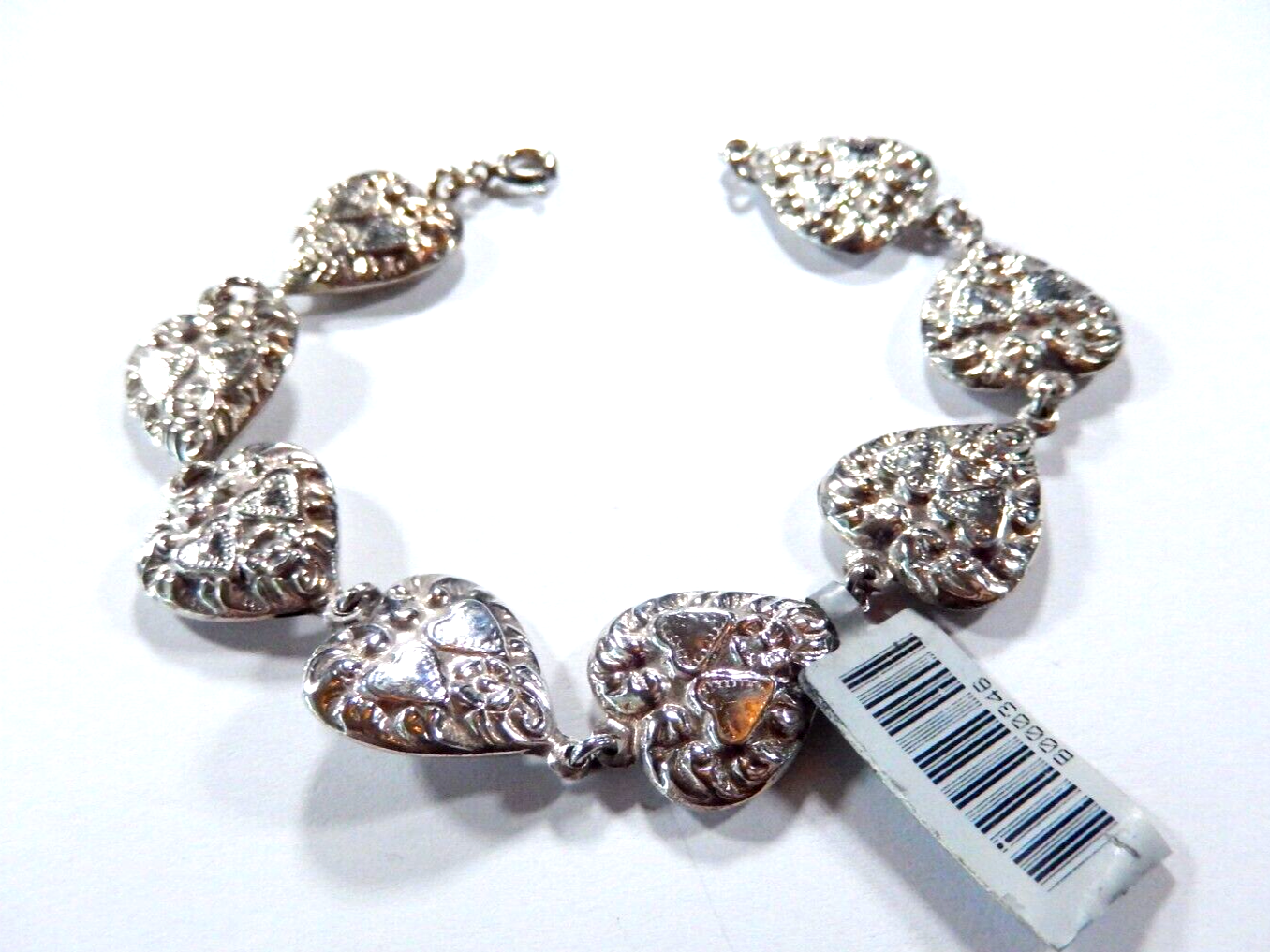 Antique Victorian Sterling Silver Repousse 8 Puffy Heart Link 7 x 58 Bracelet