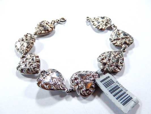 Antique Victorian Sterling Silver Repousse 8 Puffy Heart Link 7 x 58 Bracelet
