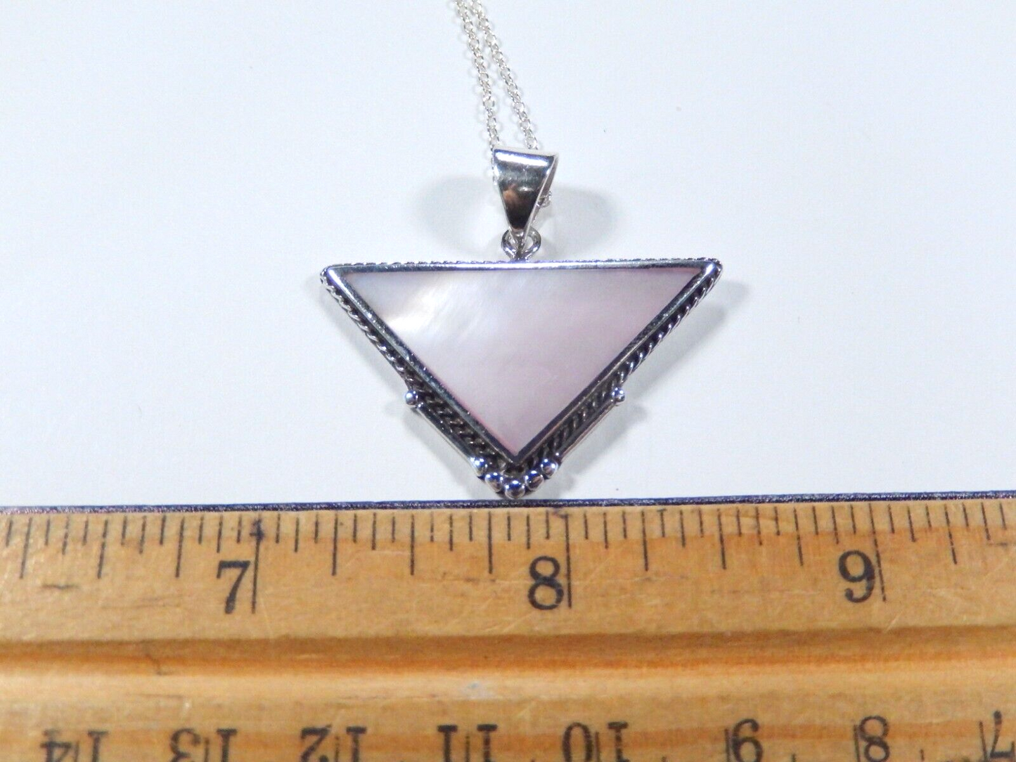 VINTAGE  Sterling Silver  Mother Of Pearl Triangle Pendant w/ 18" Sterling Chain