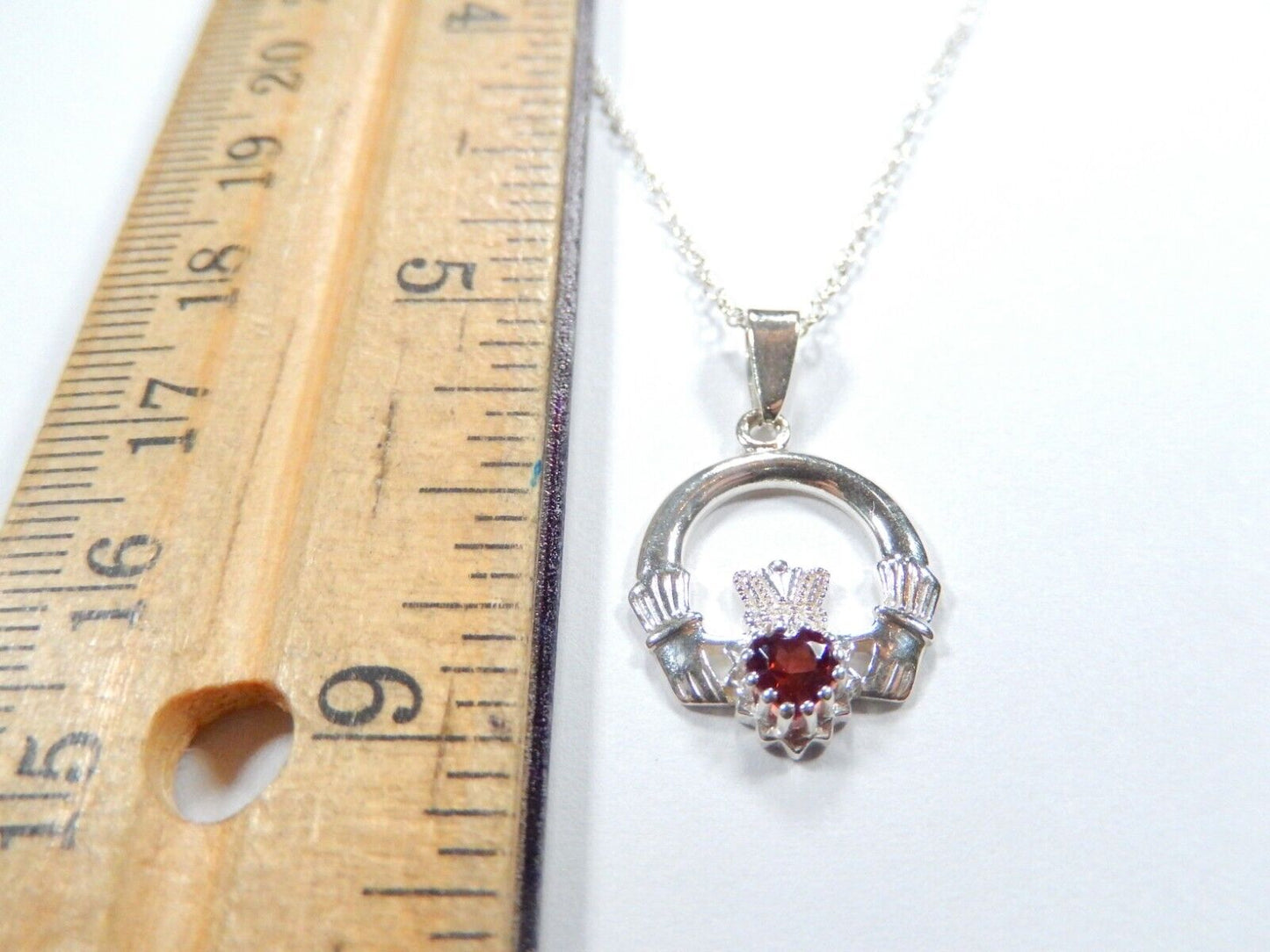 Sterling Silver Irish Claddagh Pendant With Red Garnet w/18" Sterling Chain