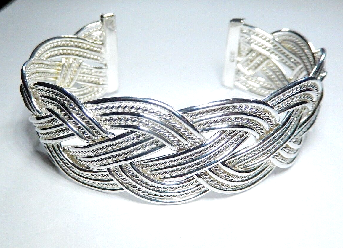 *VINTAGE*  Heavy Sterling Silver Braided Wave Cuff Bracelet-33 grams - 23mm Wide