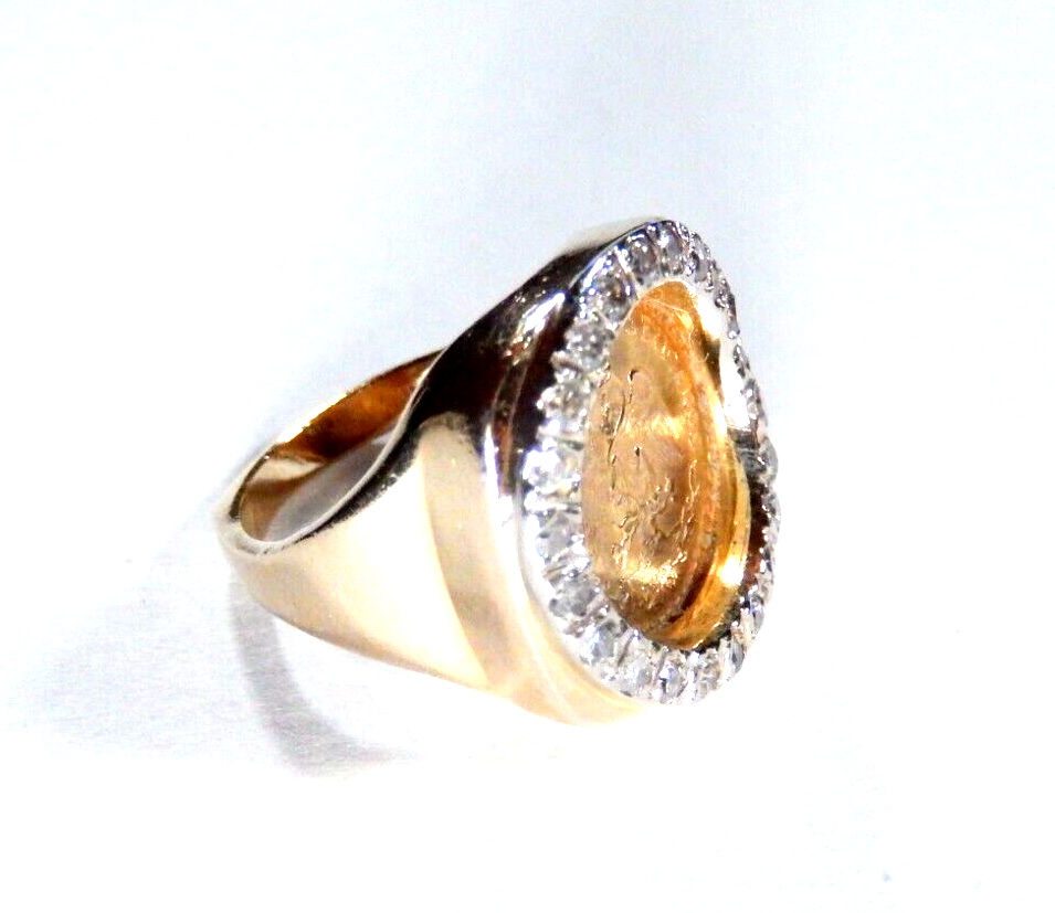Stamped 14K Gold  Diamond Ring w 90 1945 Dos Pesos Mexican Gold Coin Size 4