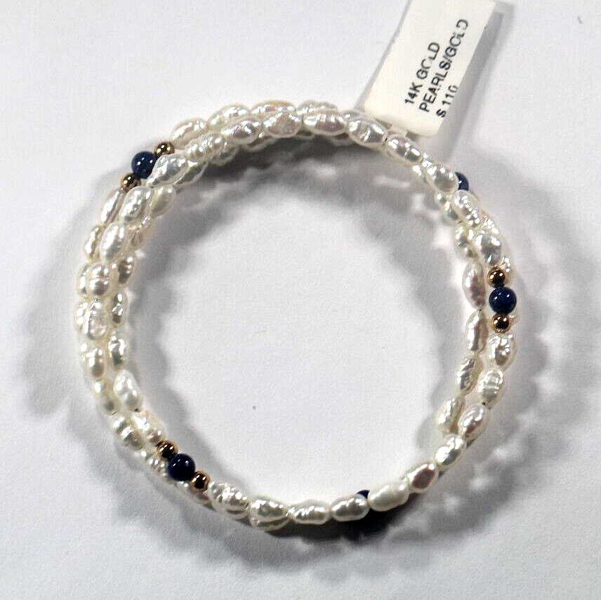 Vintage 14k Gold Freshwater Pearl & Lapis Beaded Wrap Bracelet