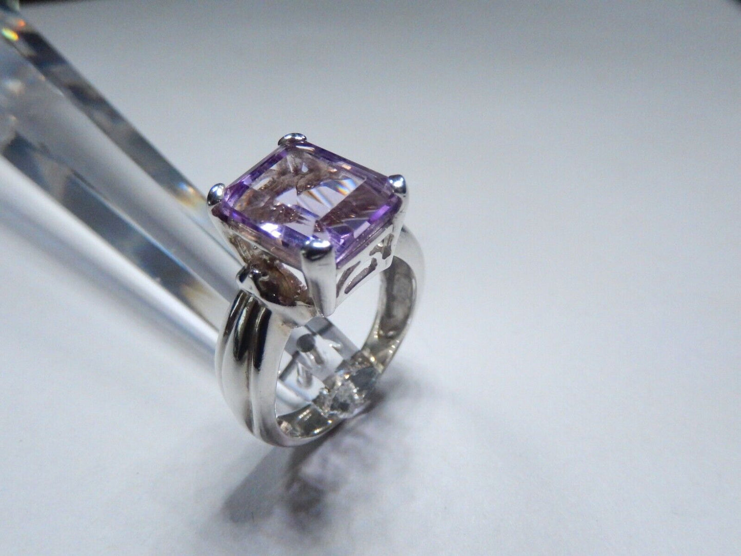 Sterling Silver 5.0 CT Emerald Cut Amethyst Solitaire Cocktail Ring Size 8