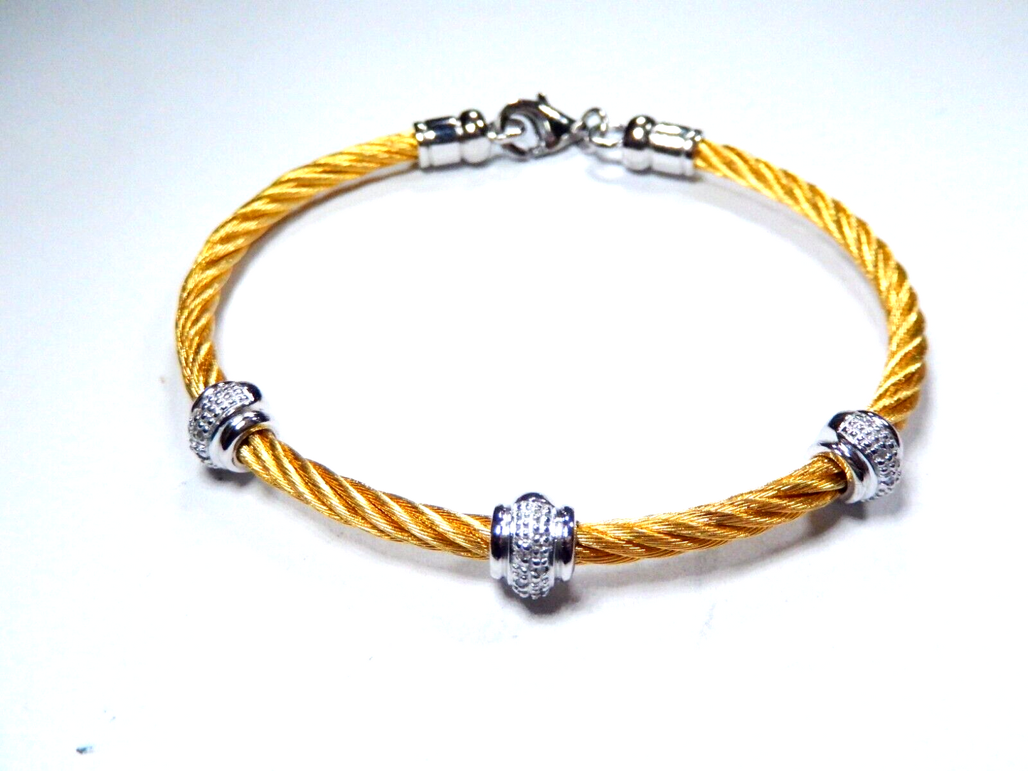 Sterling Silver  Gold Tone Stainless Steel Diamond Twist Bead Bracelet Size 7"