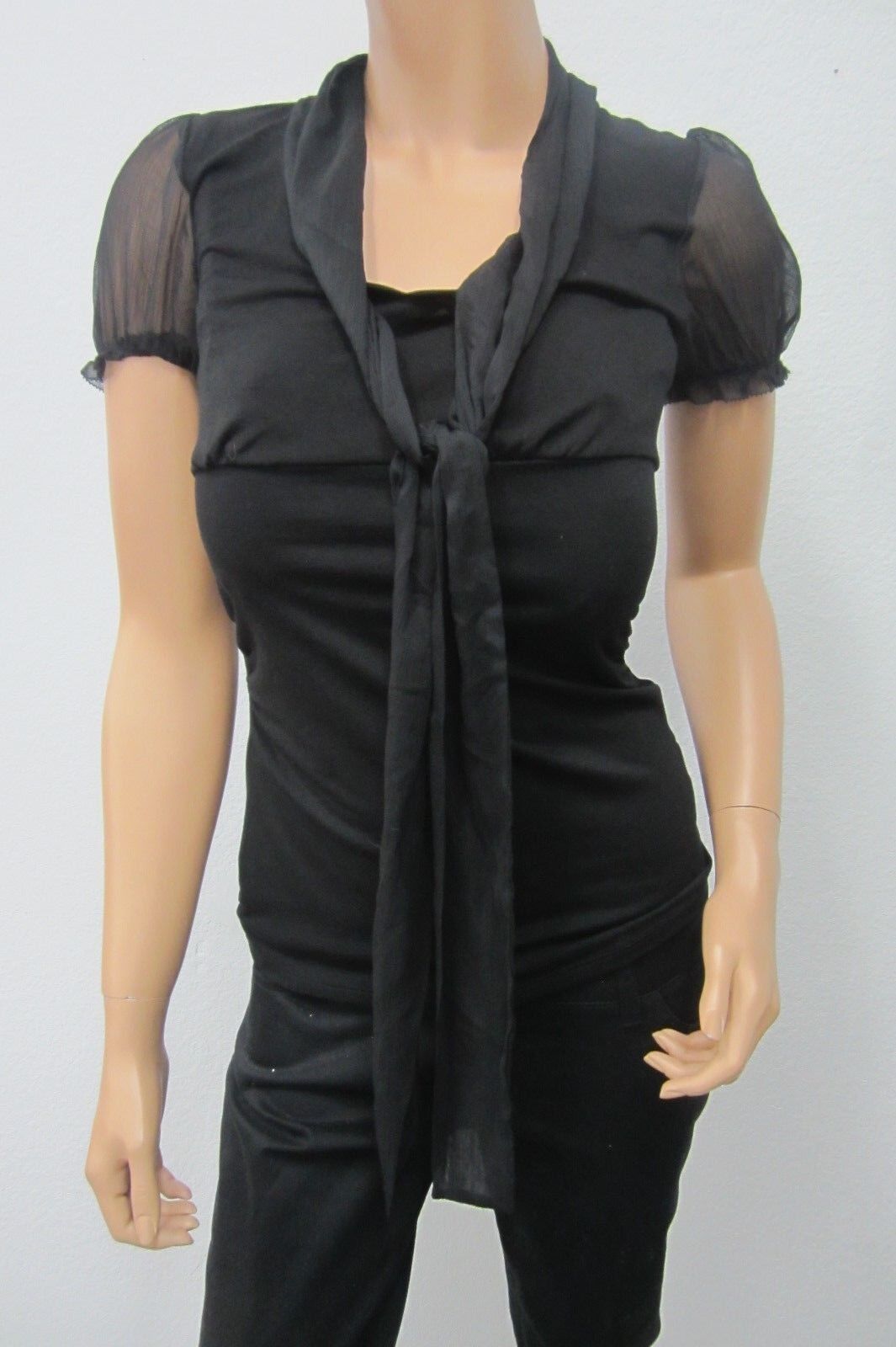 CUTE White House Black Market Womens Short Sleeve Black Semi Sheer Top Size XXS