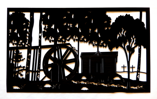 ~NEW~ 14ga. LARGE "OLD WATER WHEEL FARM SCENE"  Black Gloss Metal Art 26"x 15.5"
