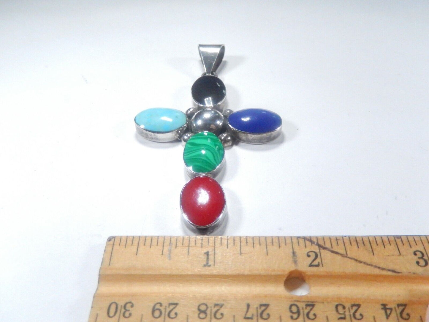 *VINTAGE*  Large Sterling Taxco Mexico Multi Gemstone Cross Pendant 3.5" Tall