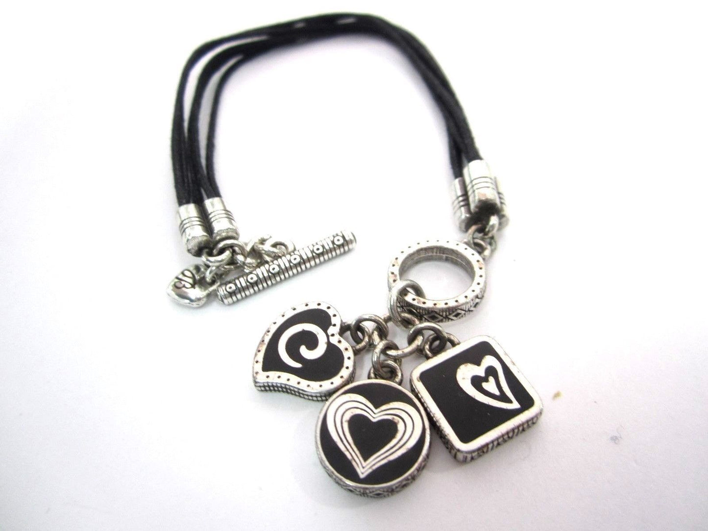 RETIRED Brighton Silver And Black Hearts Bracelet on Six Cords Bracelet Toggle