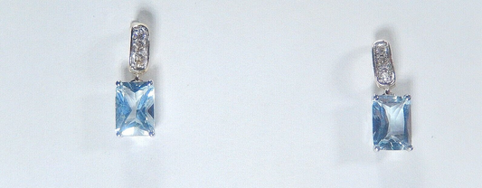 14K Yellow Gold 2.00 CT Emerald Cut Blue Topaz and Diamond Dangle Earrings