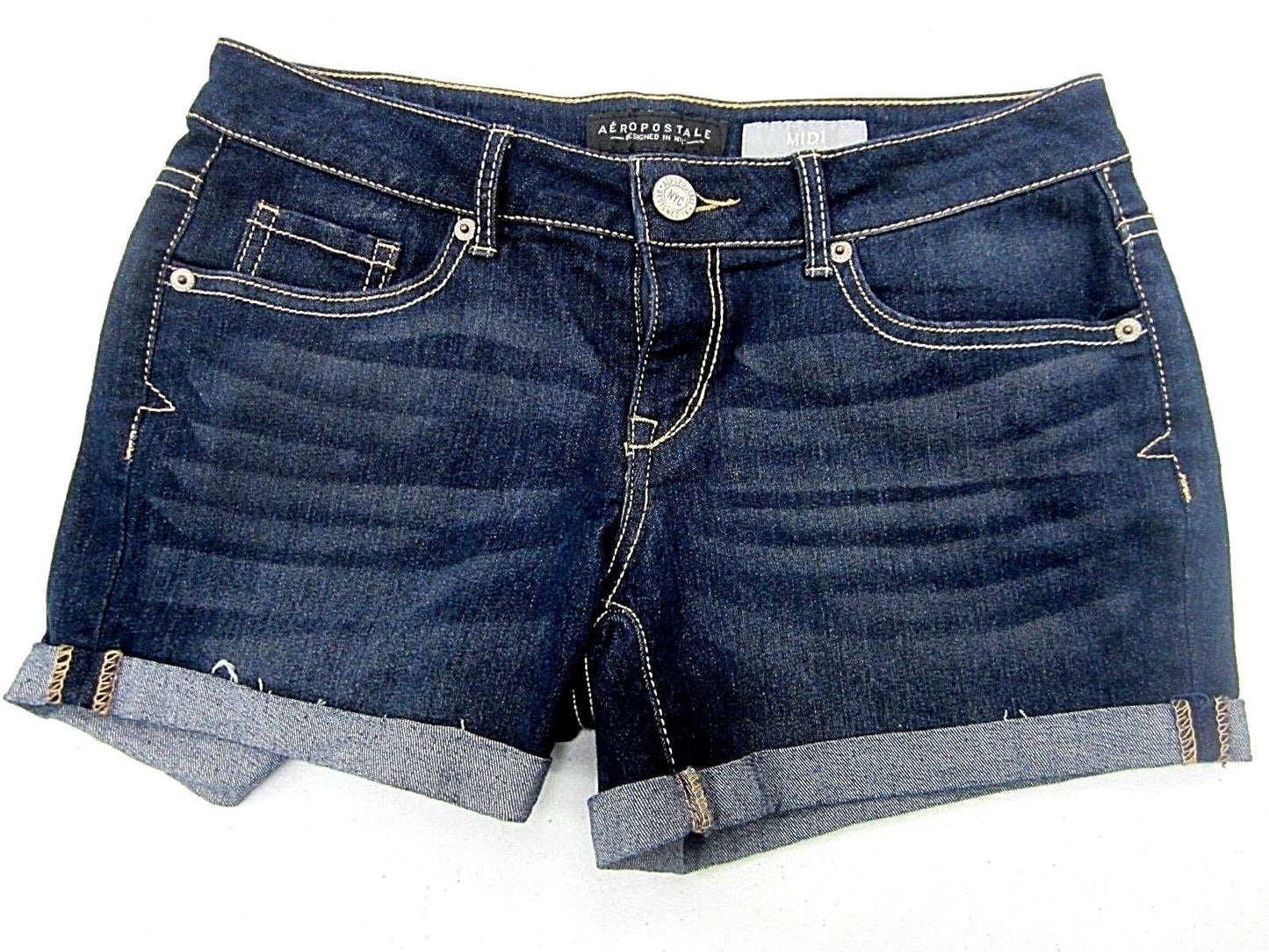 NWT Women’s Aeropostale Midi Denim Shorts Dark Wash Cuffed Size 4