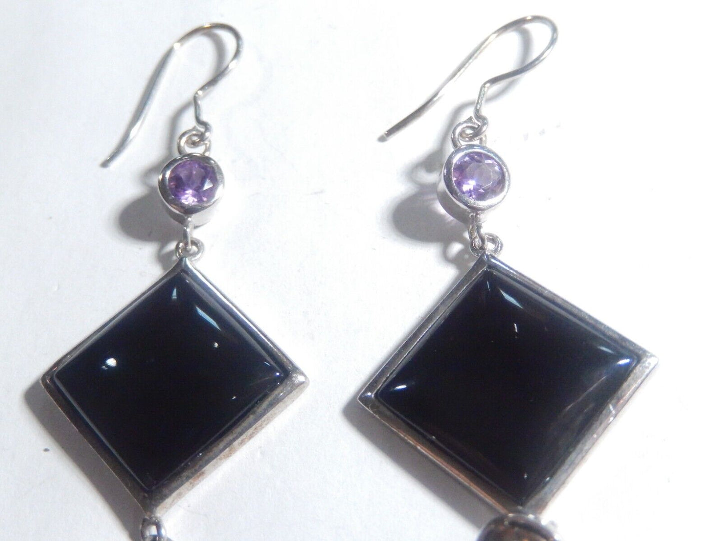 *VINTAGE* Sterling Silver ART DECO Long Black Onyx & Amethyst Dangle Earrings