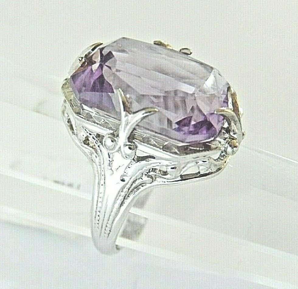 *VINTAGE* 18K White Gold Art Deco 7CT Emerald Cut Amethyst Gemstone Ring Sz 4.75