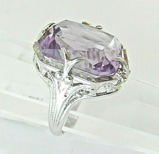 *VINTAGE* 18K White Gold Art Deco 7CT Emerald Cut Amethyst Gemstone Ring Sz 4.75