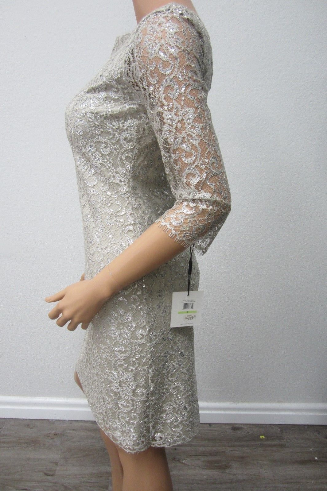 NWT CALVIN KLEIN COLLECTION  Lace Dress  Silver with Silver Metalic Thread Siz 4