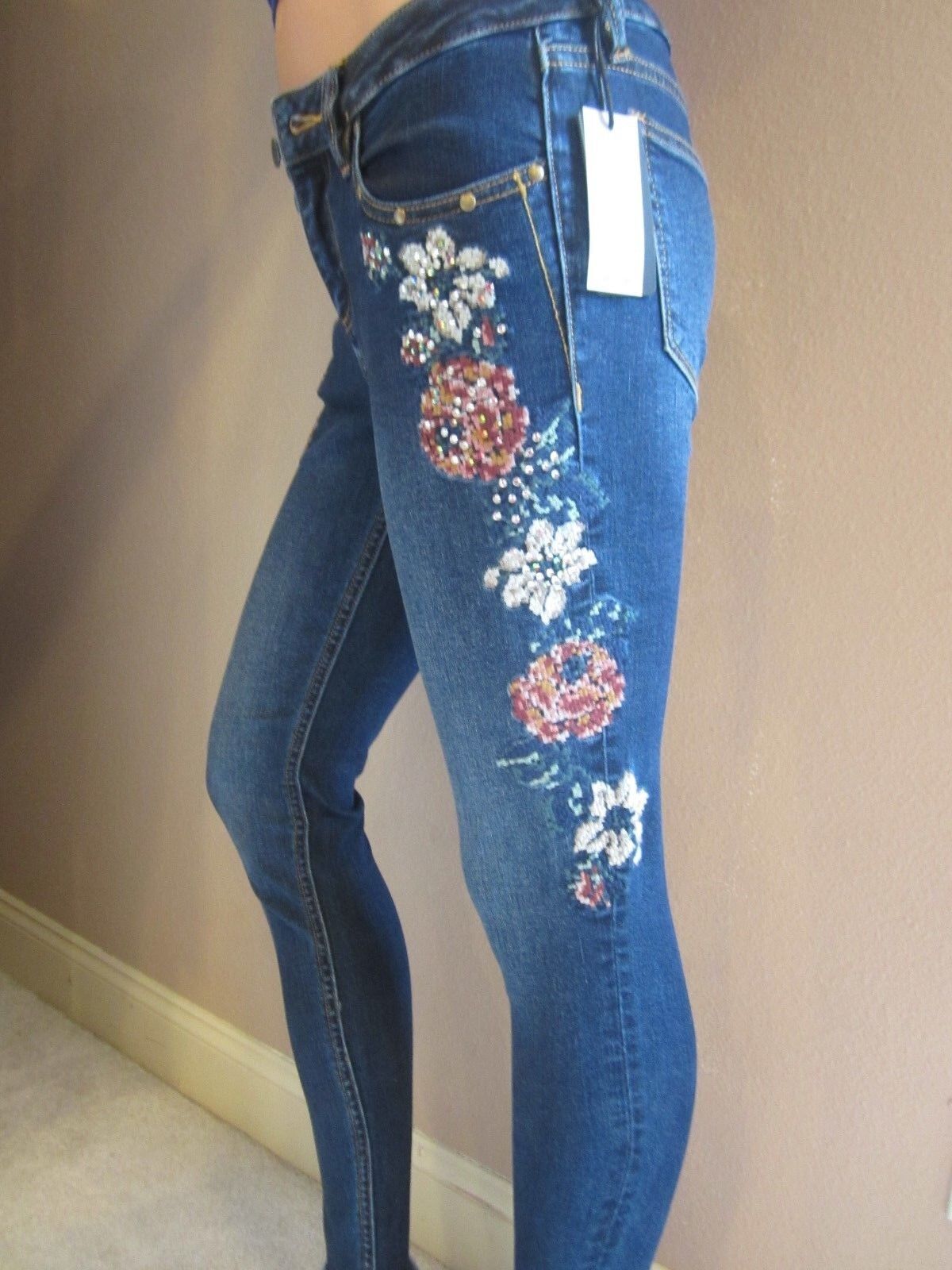 NWT MISS ME Embellished Ankle Skinny Cut Stretch Dark Blue Jeans 25 x 27