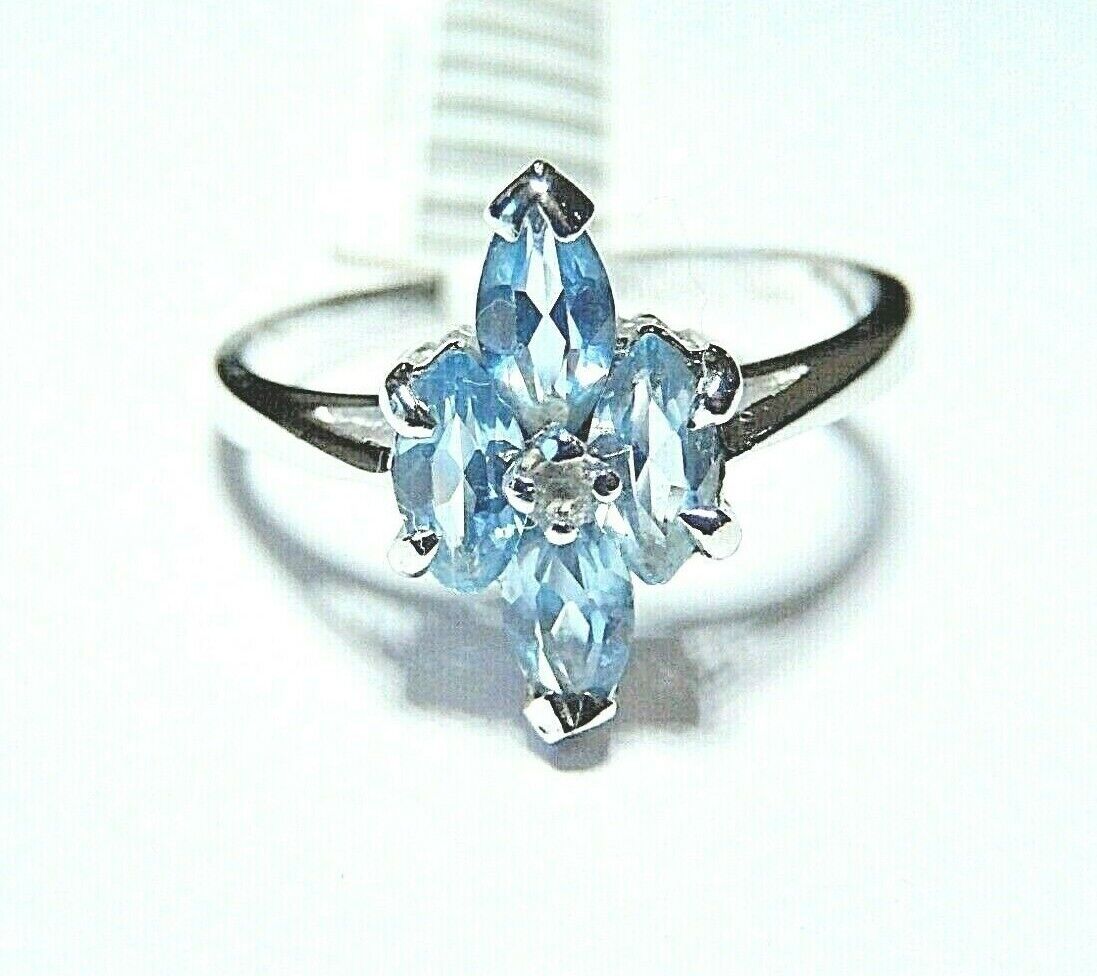 *NWT* 10k White Gold Natural Blue Topaz and Diamond Ring Size 6.75