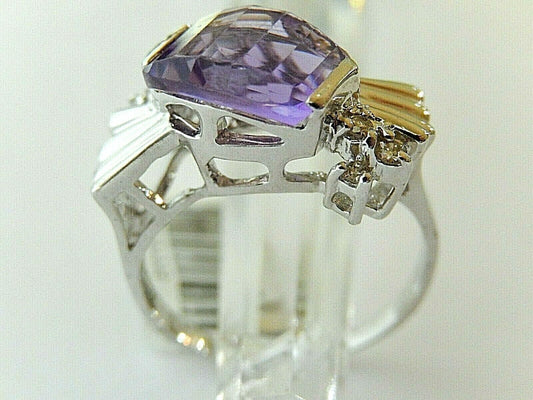 *VINTAGE* 14k White Gold Fancy Cut Amethyst Bezel Set Diamond Ring Sz 8.25