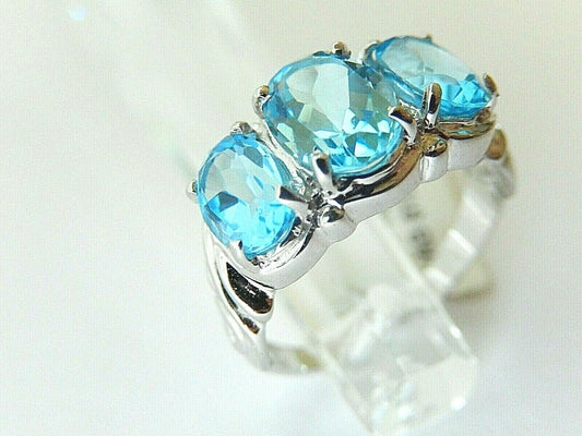 10K White Gold 2.75ct Oval Cut Blue Topaz 3 Stone  Ring Size 7.25