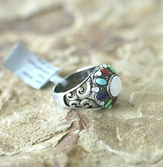 *VINTAGE* Native American Sterling Silver Cluster Multi Color Stone Ring Siz 8.5