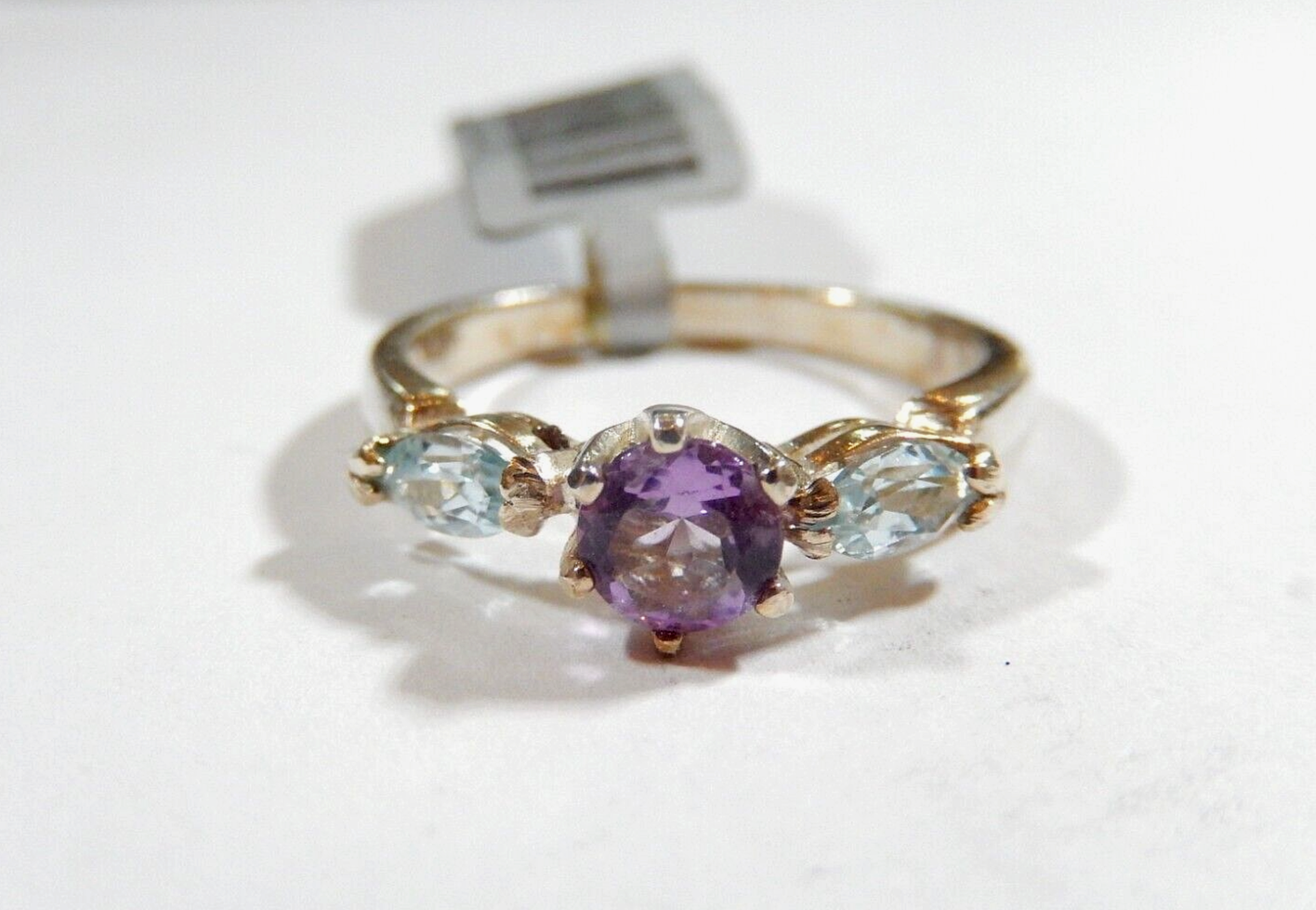 *VINTAGE*  Sterling Silver Swiss Blue Topaz & Amethyst Three Stone Ring Sz 7.75