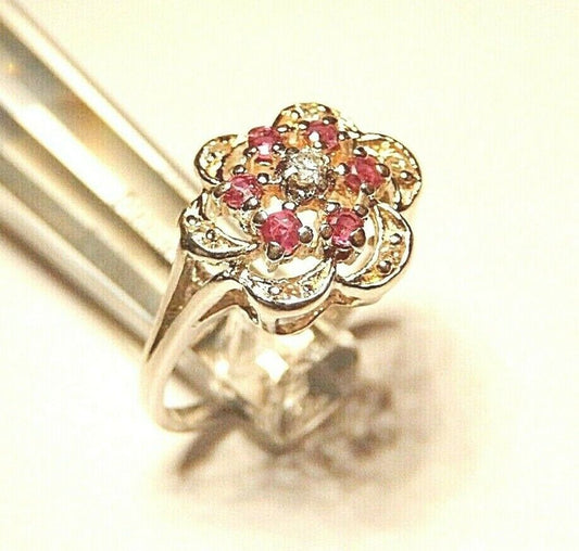 *NWT*  14K White Gold Natural Ruby Diamond Three Tier Cluster Ring Size 6.75