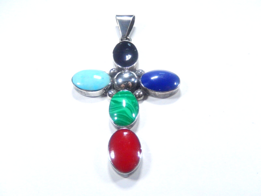 *VINTAGE*  Large Sterling Taxco Mexico Multi Gemstone Cross Pendant 3.5" Tall