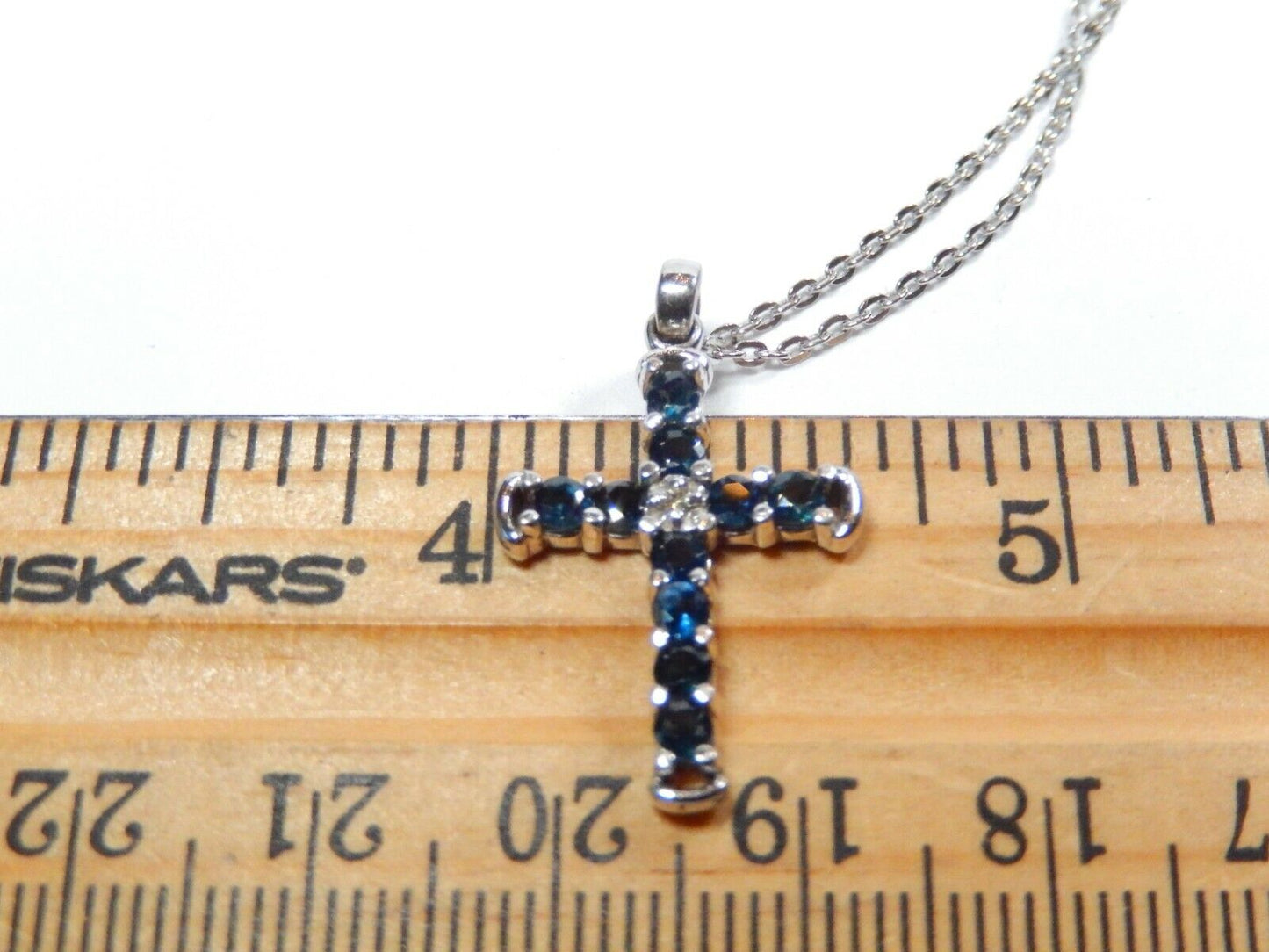 *NWT* 10K White Gold September Birthstone Sapphire & Diamond Cross 18" Necklace