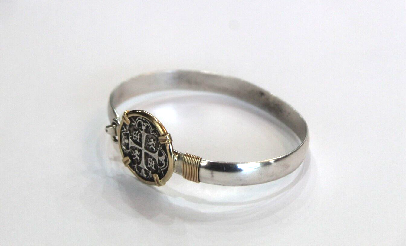 *VINTAGE*   14K Gold & Sterling Silver Cross Medallion 8mm Bangle Bracelet