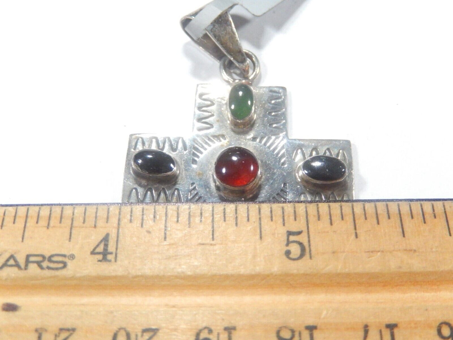 *VINTAGE*  LARGE Taxco Mexico Sterling Silver Multi Gem Cross Pendant Signed