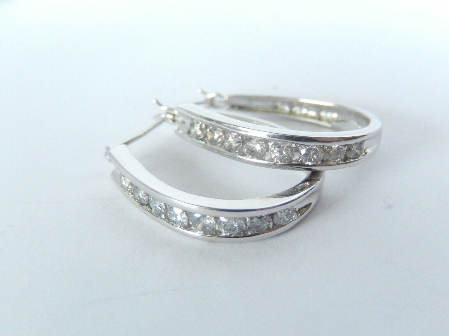 14K White Gold 1CT Natural Diamond Channel Set Oblong Hoop Earrings 24mm x 19mm