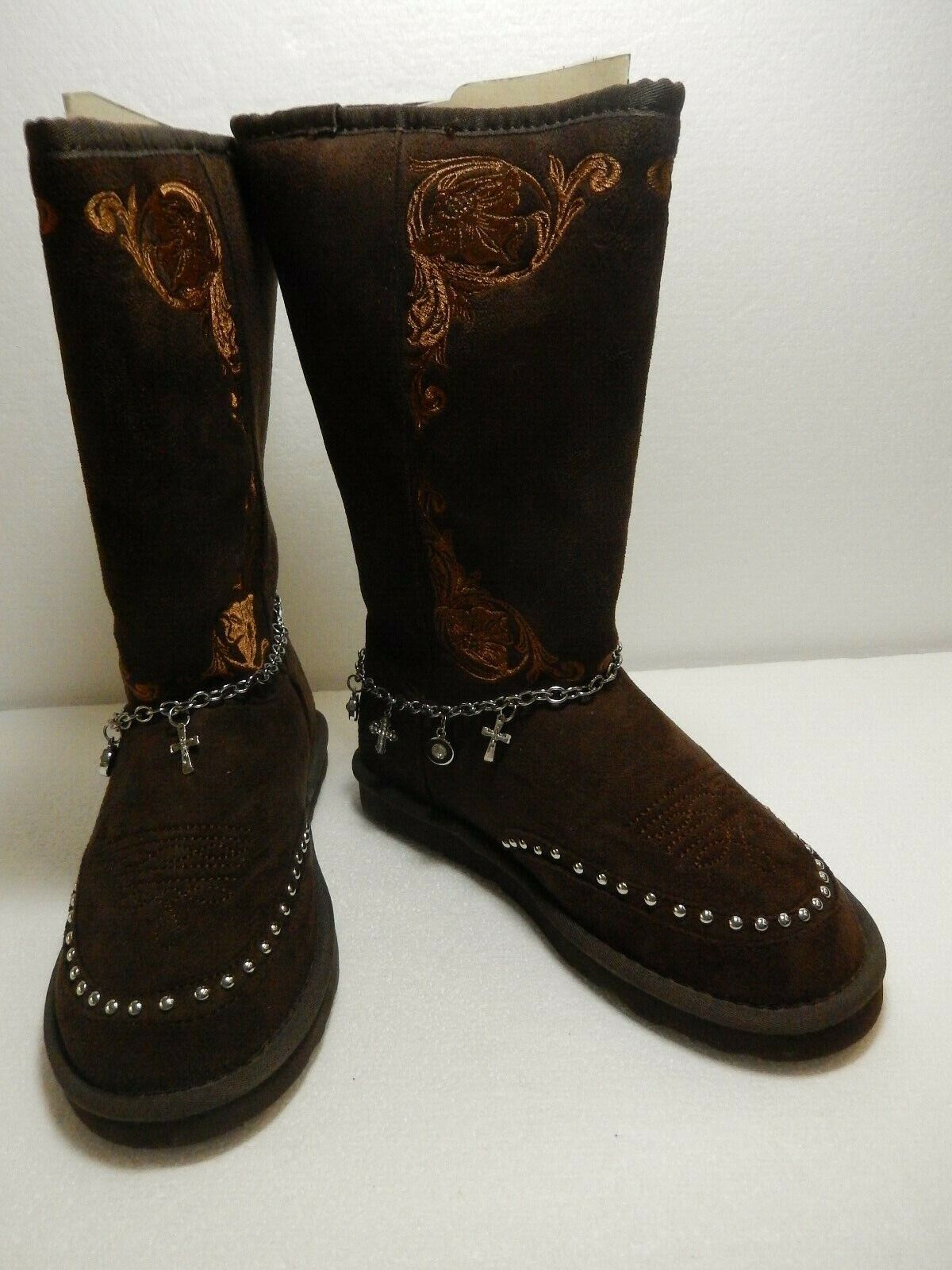 *NIB* Montana West Embroidered Collection Boots BST-021 BR CROSS BOOT CHAIN Sz 6