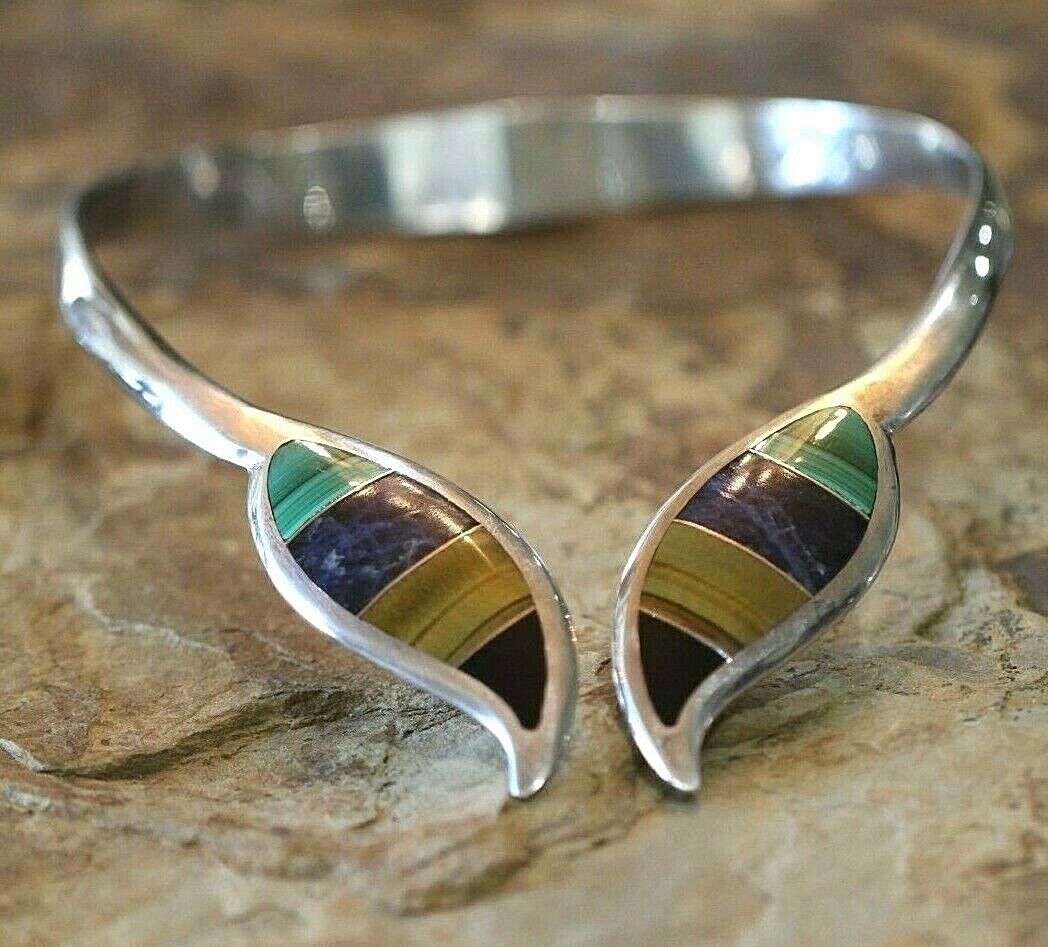 *VINTAGE* Taxco Mexico Sterling Silver & Multi Gem Hinged Choker Collar Necklace