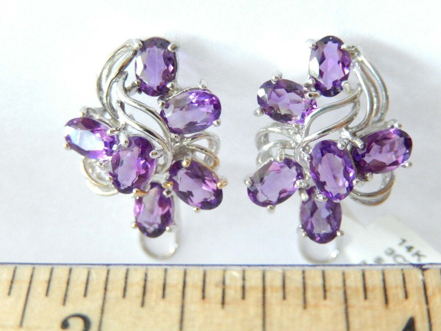 *VINTAGE* Large 14K White Gold 3CT Amethyst Oval Cut French Clip Stud Earrings