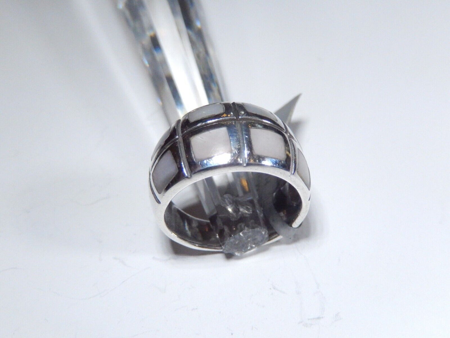 *VINTAGE*  Sterling Silver 12.5mm Wide Band Inlay Mother of Pearl Ring Sz 7