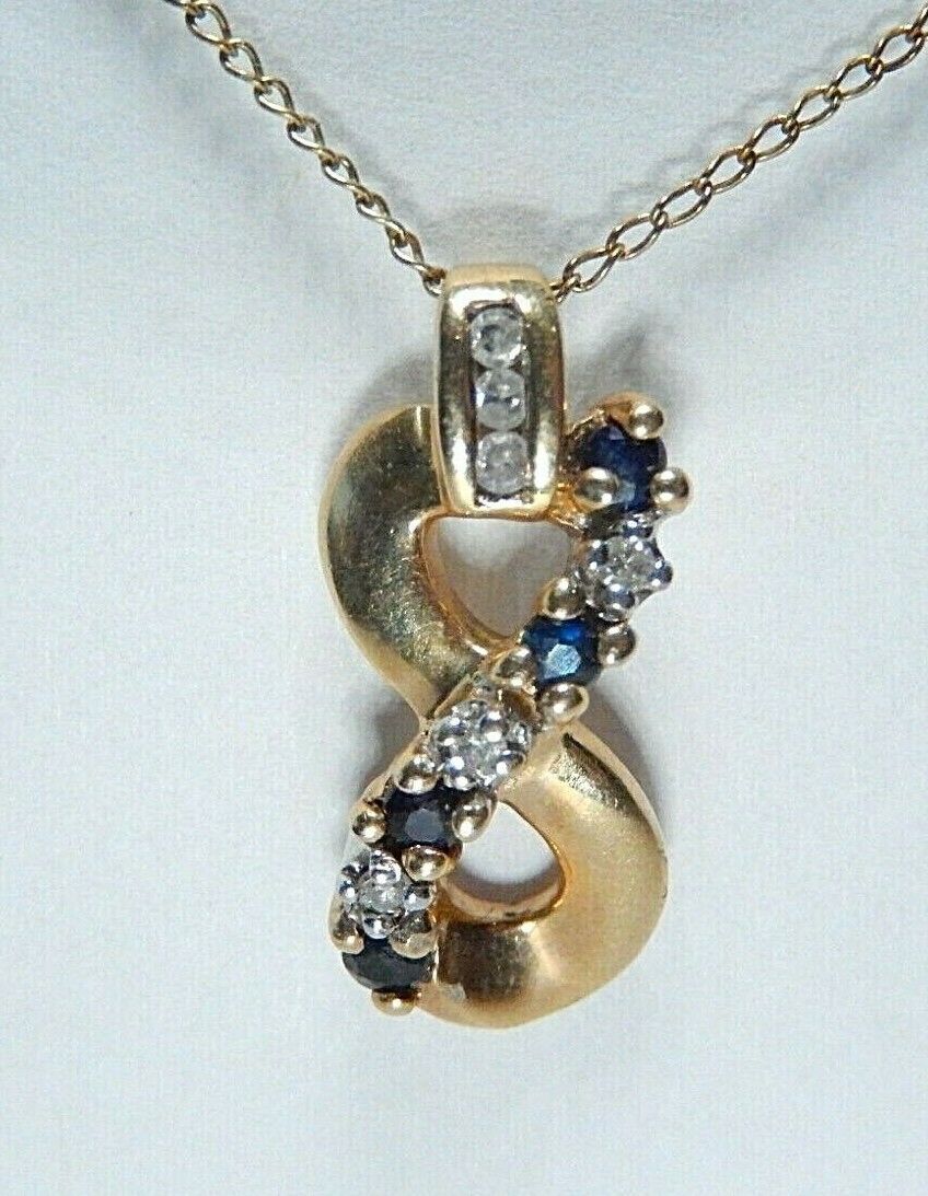 *VINTAGE* 10K  Yellow Gold  Blue Sapphire & Diamond Infinity Pendant w/18" Chain