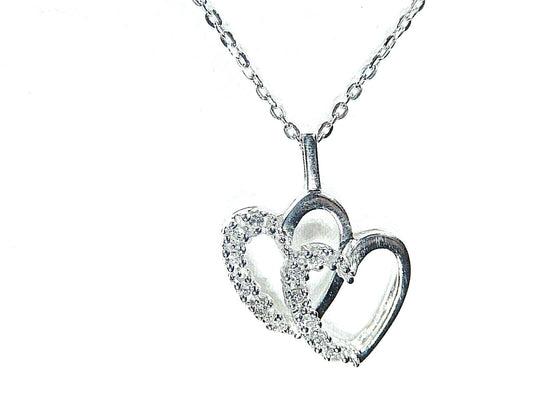 *NEW*  1/4 Ct Natural Diamond 14K White Gold  Double Heart Pendant w/18" Chain