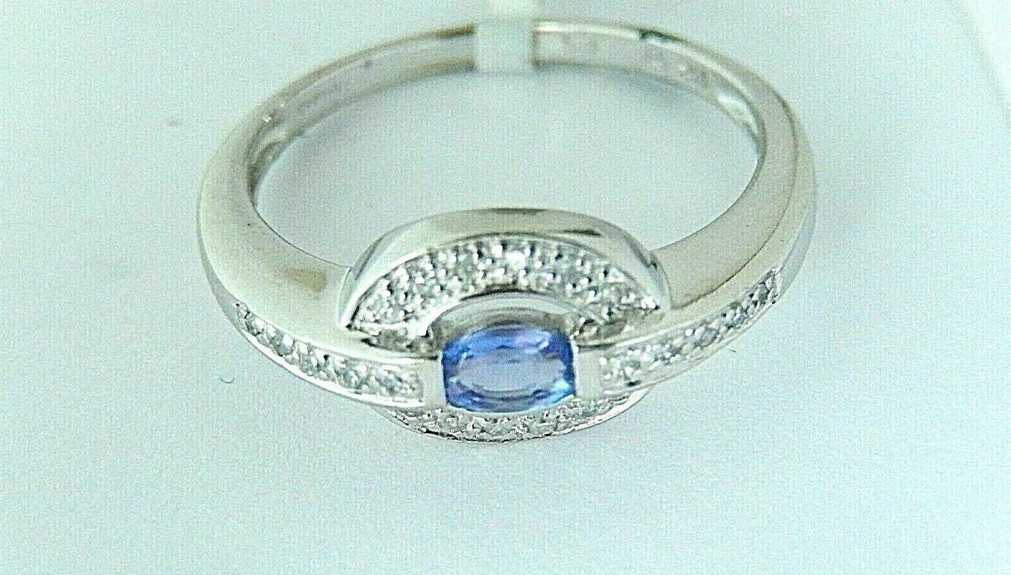 14K White Gold Natural Tanzanite & Diamond Contemporary Modern Ring Sz 10