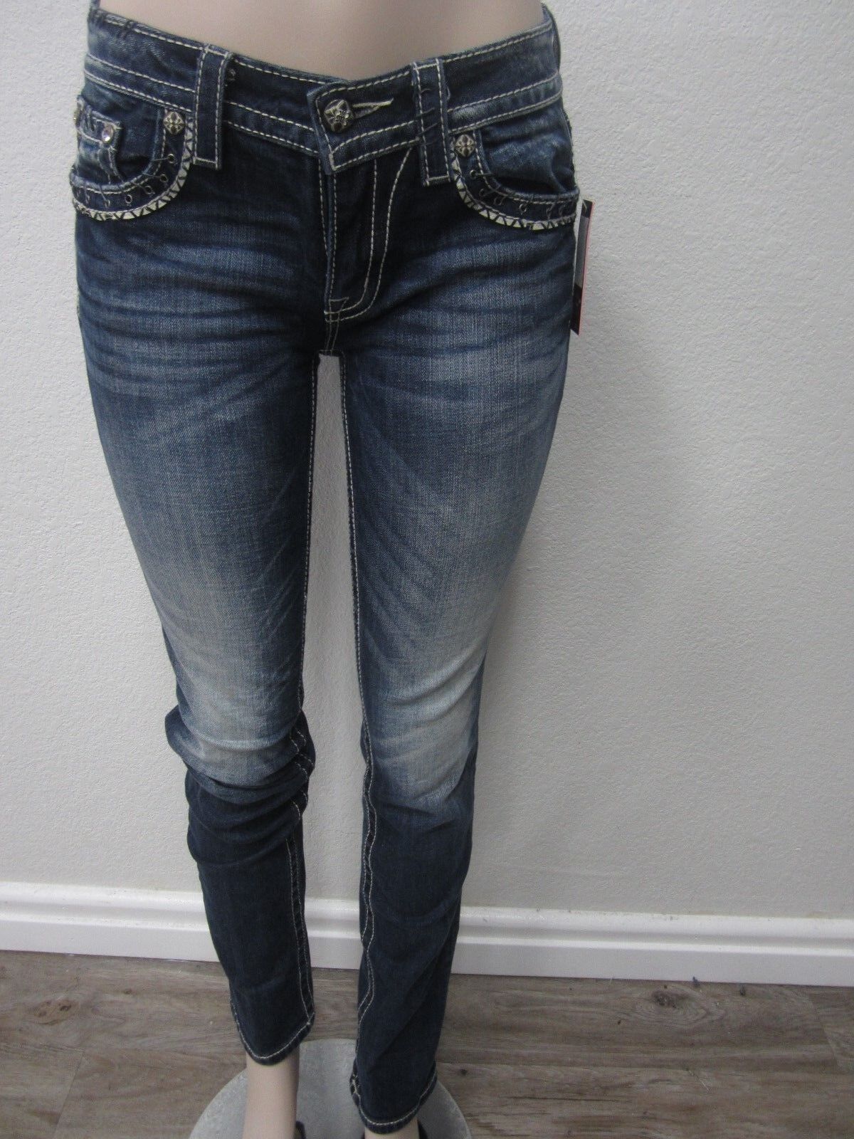 NWT Miss Me Jeans MP7273T Mid Rise Straight Med Blue Jeans Size 24 x 33.5