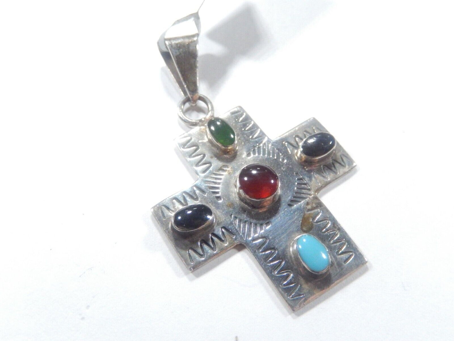 *VINTAGE*  LARGE Taxco Mexico Sterling Silver Multi Gem Cross Pendant Signed