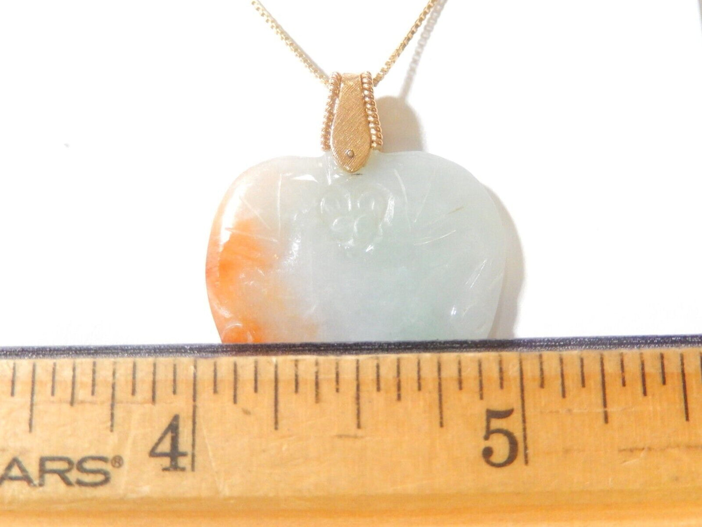 VINTAGE- Large 14k Yellow Gold Chinese Carved Jadeite Jade Heart Pendant w/18"ch