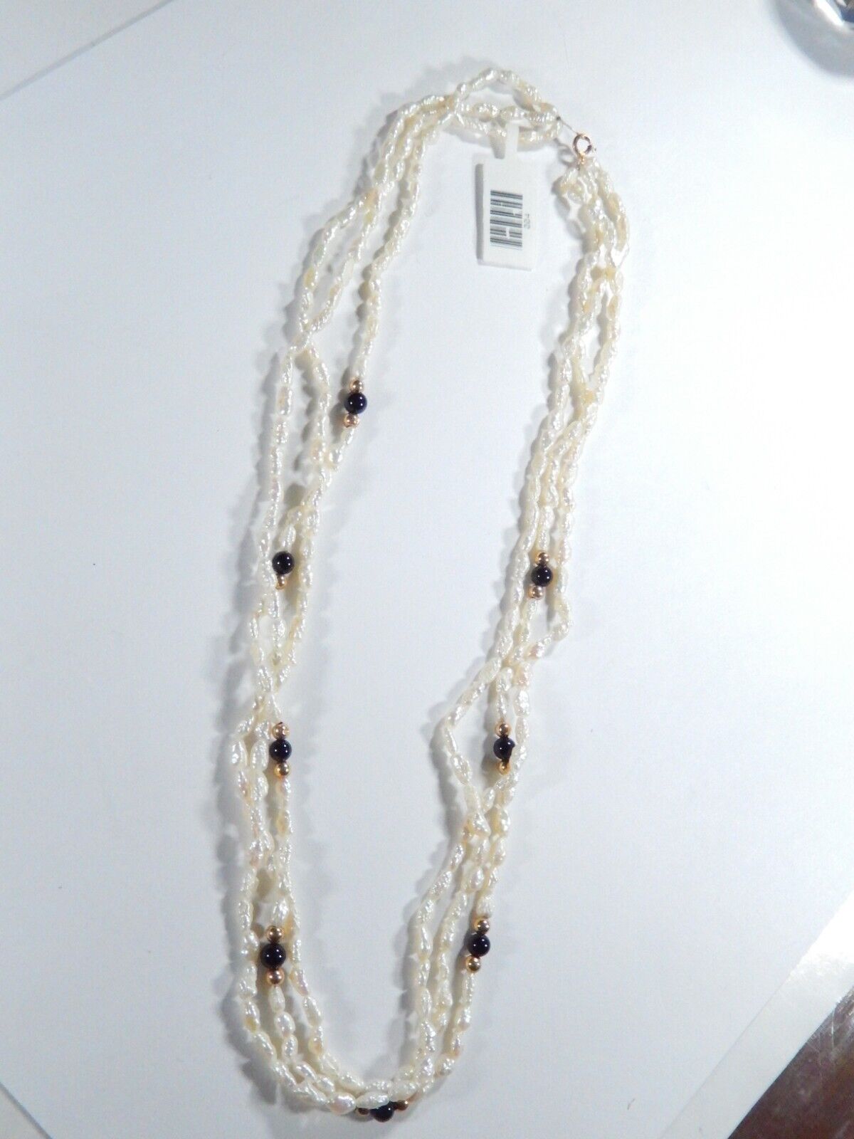 VINTAGE  16"  Genuine Rice Pearl and Gold Ball Three Strand Necklace w/14K Clasp