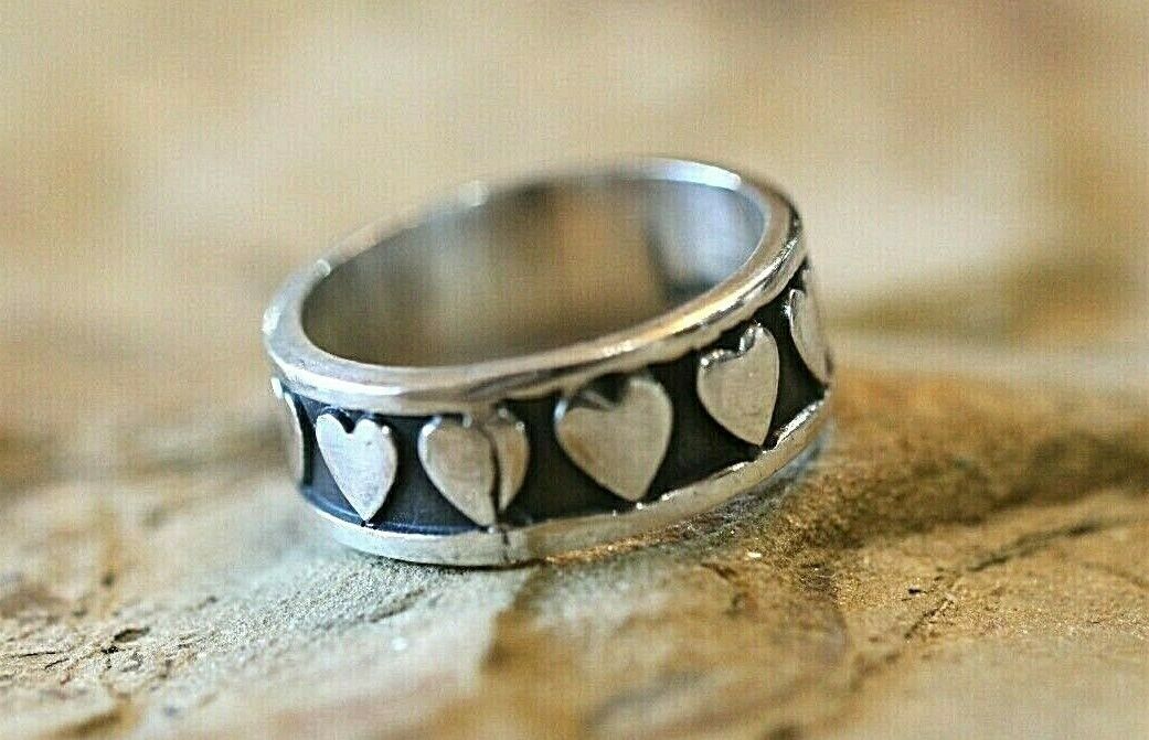 *VINTAGE* MEXICO  TAXCO  STERLING SILVER HEARTS BAND RING 925  Size 10.75