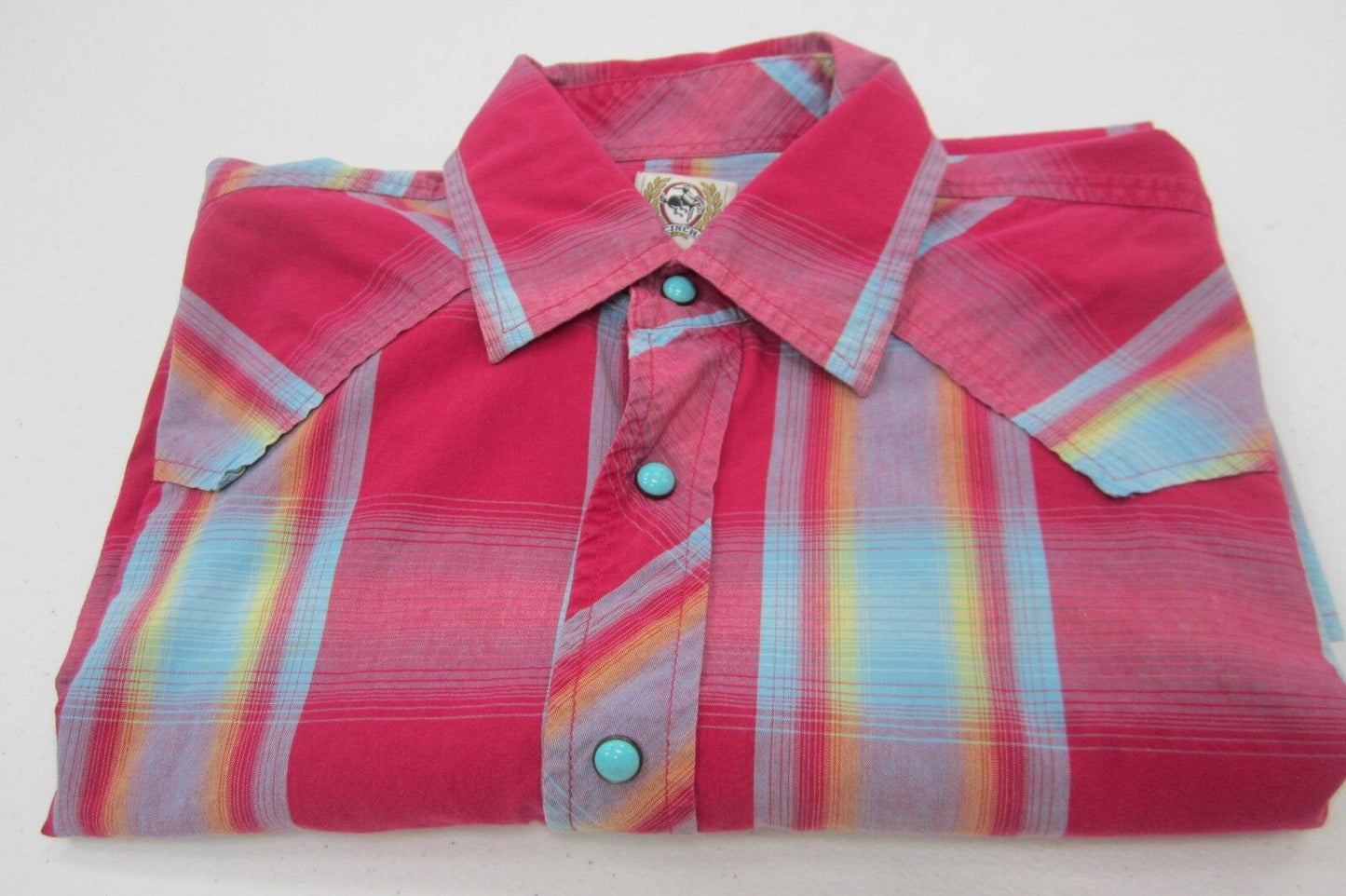 MINT Cinch Men Red Plaid Turquoise Snap Button Front Short Sleeve Western Shirt