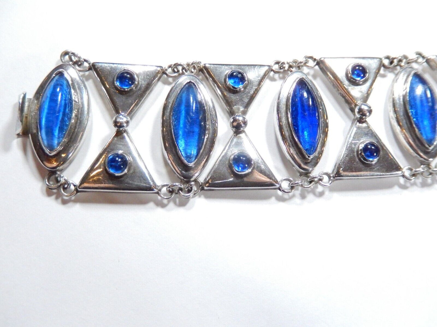 VINTAGE Mexico Sterling Silver Rare Blue Cabochon Cut Glass Panel Bracelet 7.25"